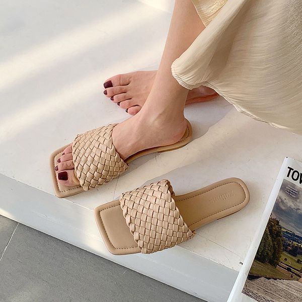 

fashion open toe slip on lady slides shoes sandals 2020 summer new woven sandals casual beach flast slippers shoes woman size 40, Black