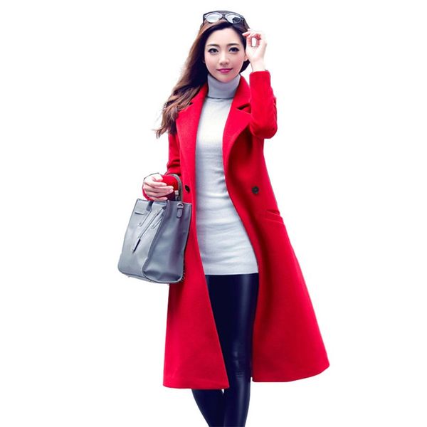 

women autumn winter wool coat solid slim elegant long wool blends lady plus size windbreaker, Black