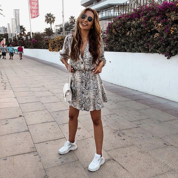 

women summer dress v neck button snake print party dresses vintage half sleeve mini v neck dress snakeskin dress vestidos, Black;gray