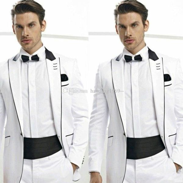 Yüksek Kaliteli Bir Düğme Beyaz Damat smokin Tepe Yaka Groomsmen Mens Suits Düğün / Gelinlik / Akşam Blazer (Ceket + Pantolon + Kravat) K364