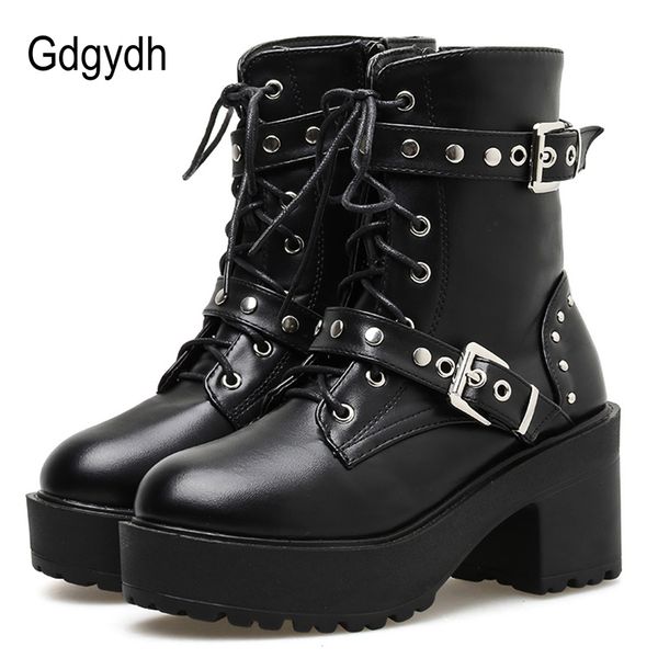 

gdgydh rivet autumn boots women platform boots black leather gothic punk style combat boots for women mid heels comfortable t200425