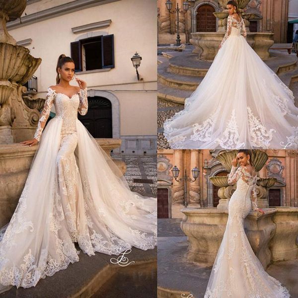 

lussano mermaid wedding dresses with detachable train off shoulder long sleeve bridal gown plus size lace appliqued wedding dress, White