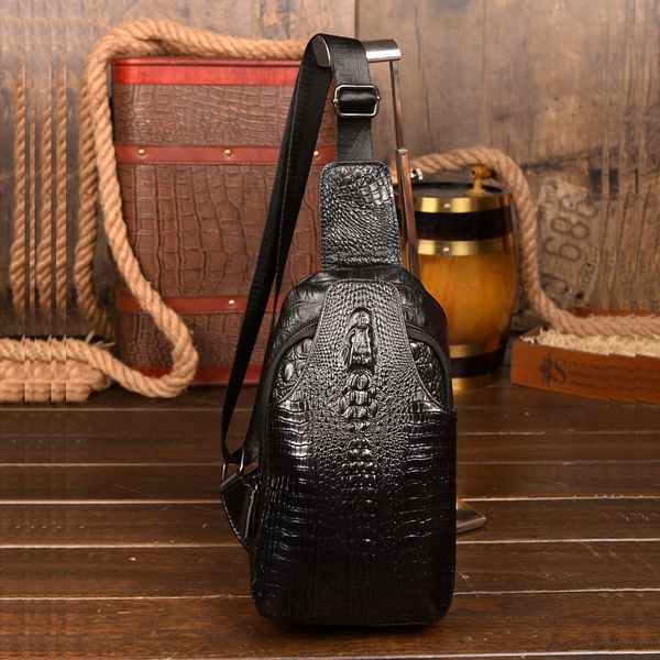 

2018 new vintage men genuine leather crocodile grain travel shoulder cross body messenger sling pack chest bag