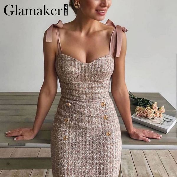 

glamaker tweed grid lace up sleeveless dress elegant buttons bodycon summer pink dress women party night short sundress, Black;gray