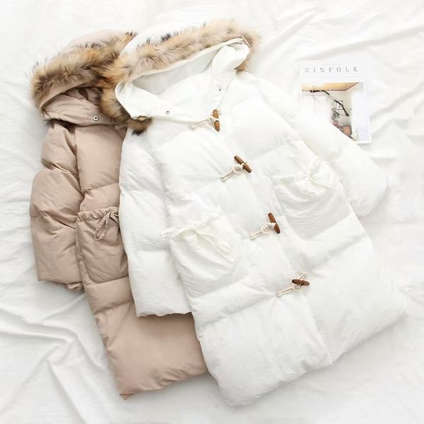 

winter new style women's dress solid color thick warm hooded fur collar toggle long down coat cotton-padded clothes women's, Blue;black