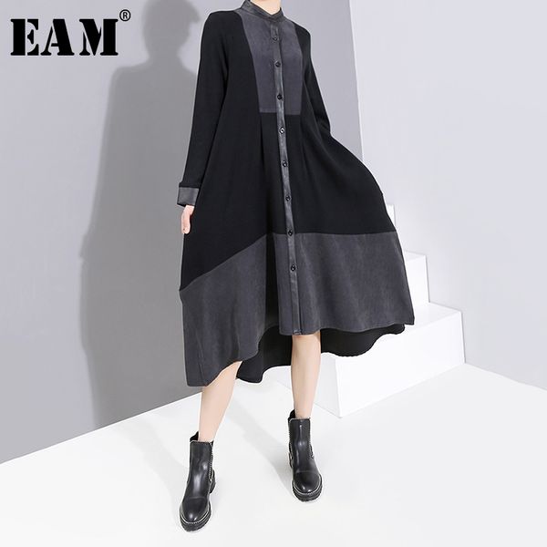 

eam] women black bandage asymmetrical dress new stand collar long sleeve loose fit fashion tide spring autumn 2019 19a-a809, Black;gray