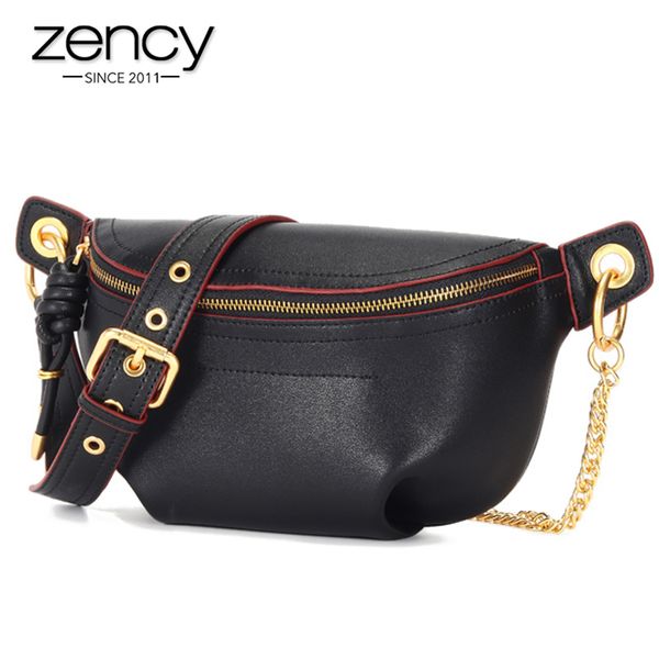 

zency fashion women's chest bag 100% genuine leather more pockets chest bags classic black crossbody