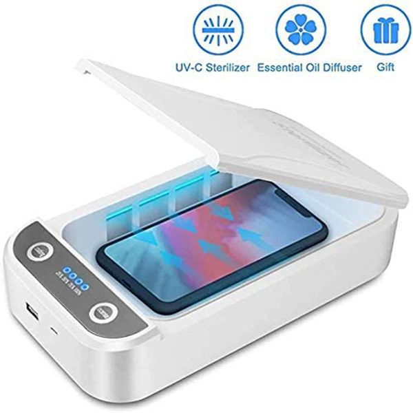 

uvc lights smart phone sanitizer, usb portable cell phone sterilizer, aromatherapy function disinfector, phone cleaner box with usb charging
