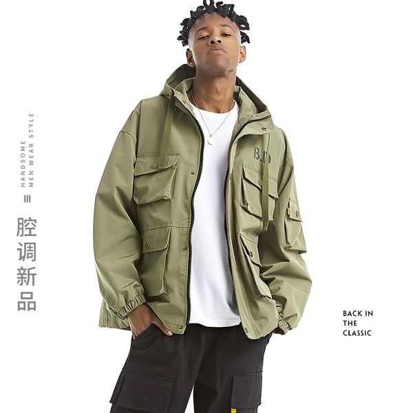 

autumn spring men's hip hop hooded pocket jacket, male letters pringting windproof militar black green streetwear outwear coat, Black;brown