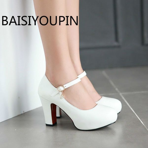 

women thick heel round head patent leather pumps white high heel rhinestone platform dress wedding shoes small big size 32 43, Black