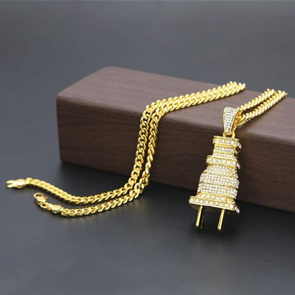 

classic plug pendant designer necklace gold silver plated iced out pendant luxury rhinestone mens necklace cuban link jewelry