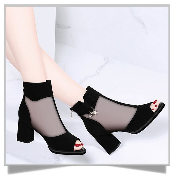 

open-toed shoes women's semi-high heeled chunky-heel shoes women's 2019 spring black mesh waterproof platform versatile high hee