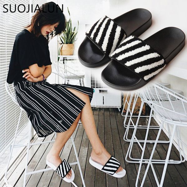 

SUOJIALUN New 2018 Casual Shoes Women Sandals Fluffy Faux Fur Slipper Slip On Flip Flop Slides Womens Slippers Zapatos Mujer
