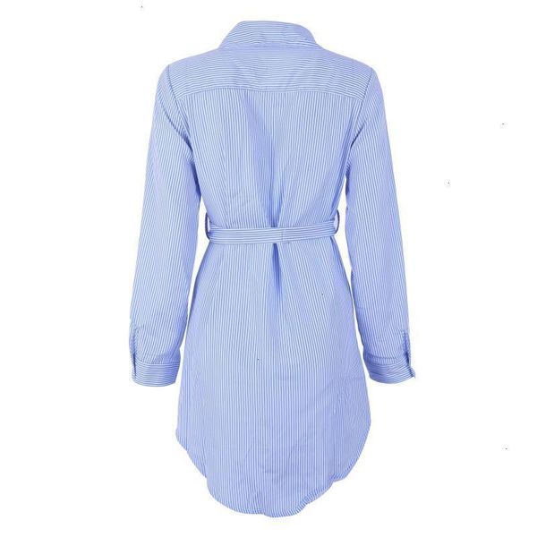 

embroidery women long blouse blue and white striped lapel long sleeve self belted embroidered shirt women clothes