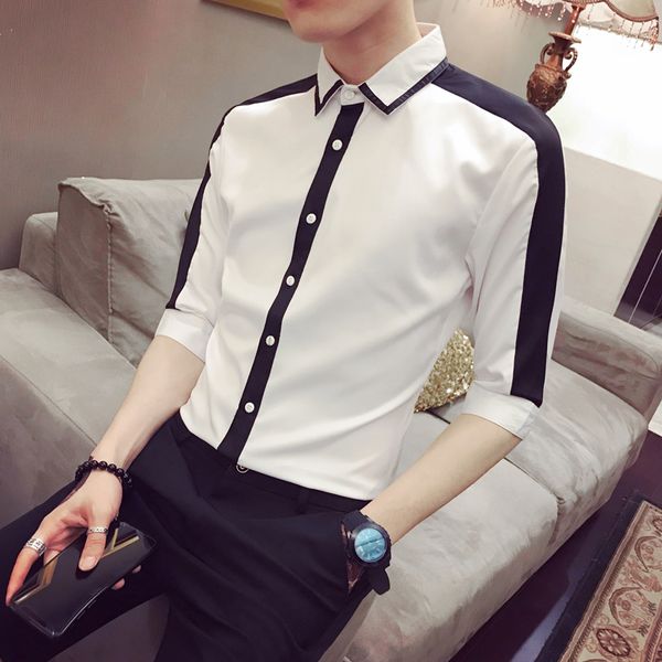 

мужская рубашка slim fit camisa masculina контрастного цвета summer wear tide man рубашка с рукавами из семи частей сращивания camisa hombre, White;black