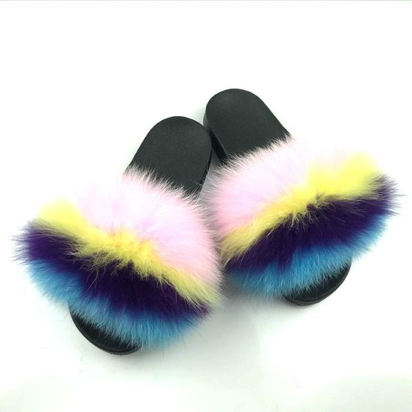

customizable fashion pvc indoor slippers real fox blend raccoon fur slippers women sandals slides, Black