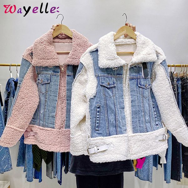 

lamb fur women coat winter vintage loose outwear women coat patchwork denim short coats korean style winter jacket, Black