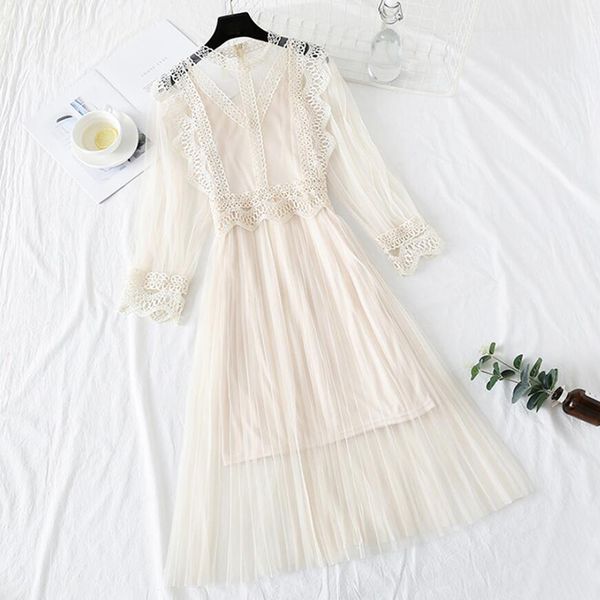 

2020 summer new arrivals mesh lace dress women gauze long sleeve party midi dress sweet sling princess pleated 2 piece set, Black;gray