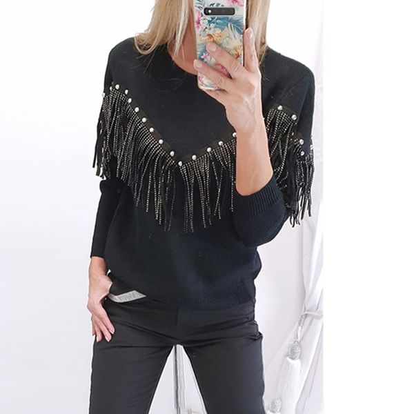 

черный толстовка женщины rhinestone кисточкой топы осени повелительница с длинным рукавом сыпучие пуловер женский повседневный толстовка win, Black