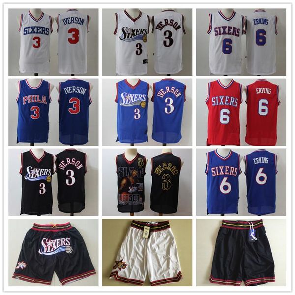 

mens philadelphia 76ers throwback jersey allen 3 iverson julius 6 erving basketball jersey basketball shorts black red blue