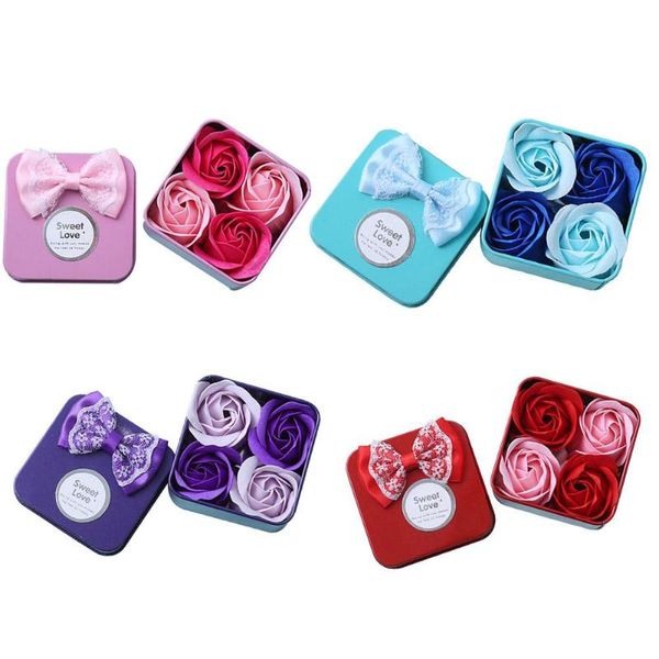 

4pcs/box rose flower bath body scented soap iron box valentine day gifts