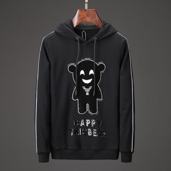 

2019 autumn happy bear embroidery mens hooded pullover sweatshirts full sleeve slim casual streetwear black belt hoodie male 3xl, White;black