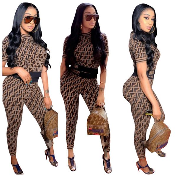 

women's two piece sports set casual suit outfit crew neck short sleeve crop print letter vest bodycon leggings pants summer clothing 185