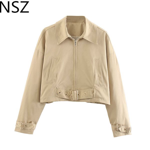 

nsz women solid cropped jacket long sleeve zipper with belt short coat fashion thin outerwear, Black;brown