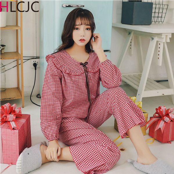 

2019 pajamas for women plaid long sleeve +long pants cotton pyjamas sets ruffle bowknot cute girls pijama mujer sleepwear, Black;red