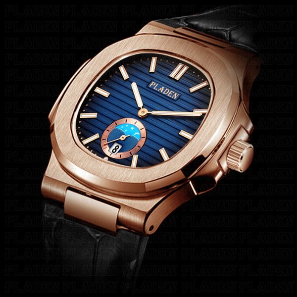 

pladen watch men rose gold black leather strap blue men's watch waterproof shockproof innovation #pl1025, Slivery;brown