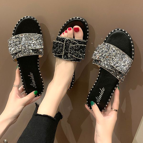 

slippers 2021 female summer wear net red sandals and fashion wild plus size sequins bow, Black