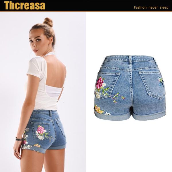 

europe and america women's dress wide leg elasticity shorts large size dress 3d industrial embroidery flowers denim shorts women, Blue