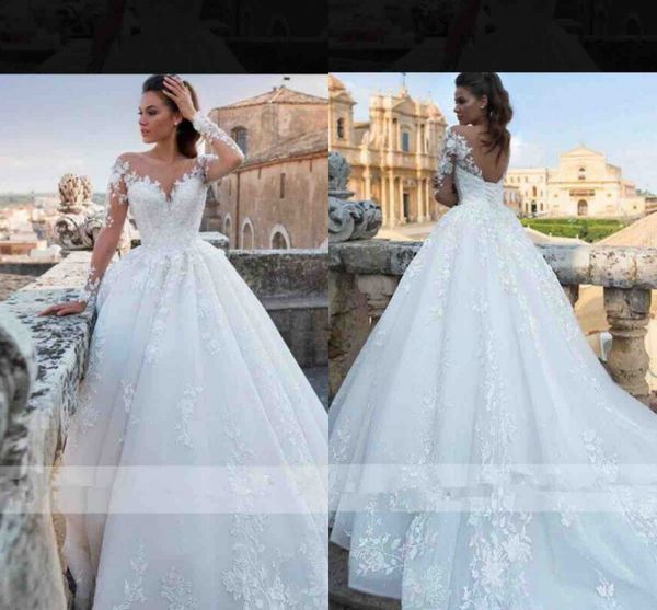 

vestidos wedding dresses 2019 modest sheer long sleeve appliques a line bride wedding gowns with lace-up back, White