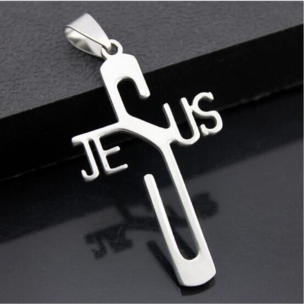 

fashion-cross pendant stainless steel chain jesus letter cross statement charming cross necklace no chain jewelry christmas gift, Silver