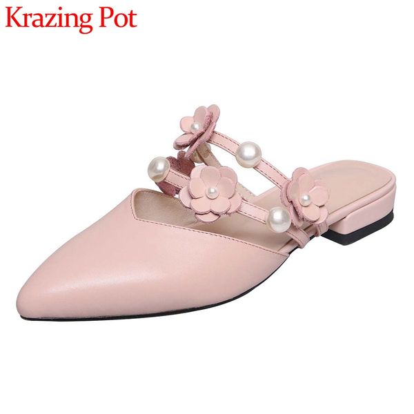 

krazing pot large size full grain leather outside slipper pointed toe low heel flower pearl mules beauty lady casual shoes l11, Black