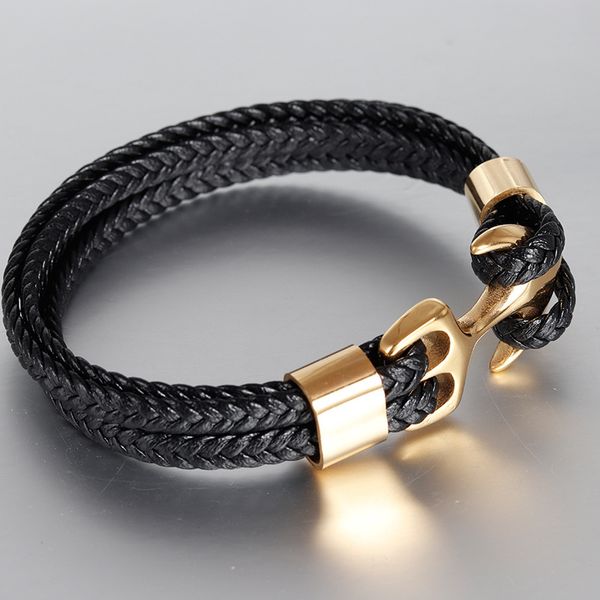 

men's titanium steel bracelet golden personality leather woven anchor rope leather bracelet wholesale stainless steel, Black