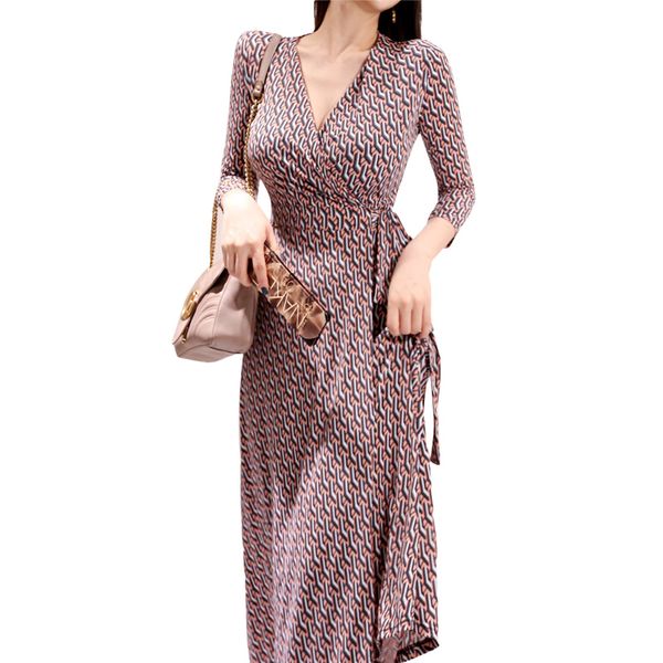 

casual dresses cinessd vintage loose beach long maxi dress for autumn polyester geometric v-neck mid sleeve wrap, Black;gray
