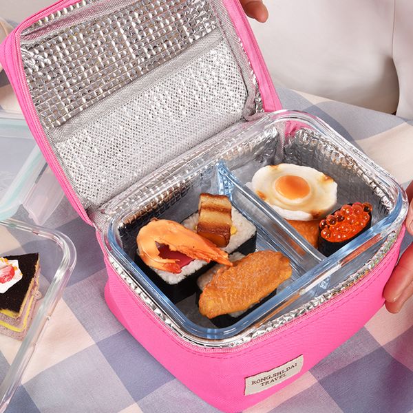 

adisputent women portable lunch box camping outdoor handbag cooler lunchbox bag thermal insulated lunch bag picnic storage, Blue;pink