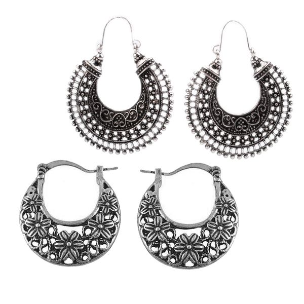 

2 pairs ethnic hanging hoop tibetan silver earrings jewellery for girls & women, Golden