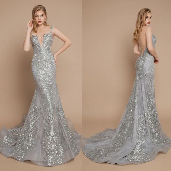 

silver mermaid evening dresses lace appliqued deep v neck backless custom made prom dress party wear sweep train formal gowns, Black