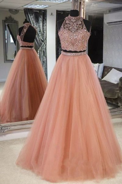 

high neck party dress two pieces set beads tulle a-line women long prom dress custom made, Black