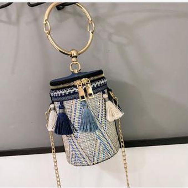 

chain national wind ring shoulder bag straw woven cylinder small bag small fairy tassel bucket bag