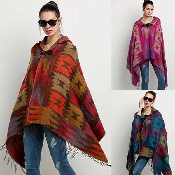 

women's bohemian wool blend hooded blanket cloak poncho cape outwear coat shawl