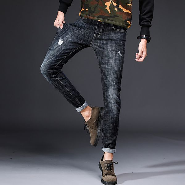 

audwhale summer slim fit jeans for men casual skinny pencil pants cotton mid waist ankle length male denim jeans pants, Blue