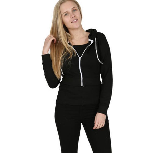 

women autumn spring drawstring hooded long sleeve hoodie sweatshirts zip up crop casual zipper, Black