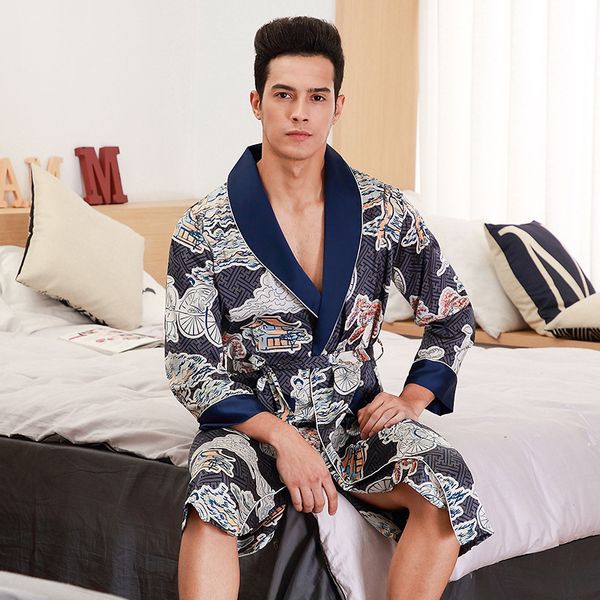 

chinese style vintage satin homewear nightgown men's robe casual print bathrobe silky negligee loose intimate lingerie, Black;brown