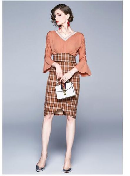 

fake two-piece dress high waist temperament slim v-neck waist stitching, Black;gray