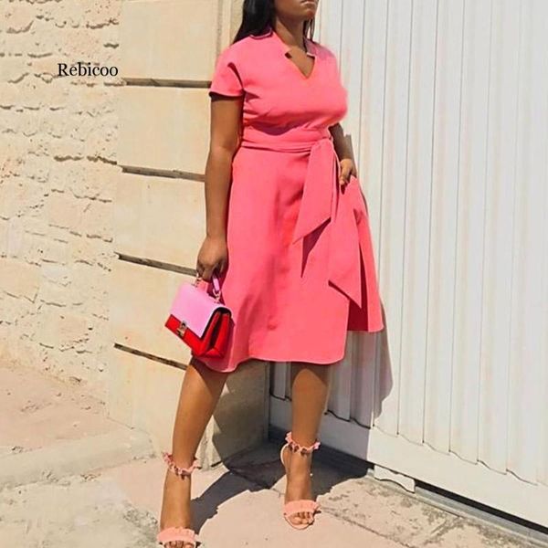 

pink sweet african fashion plus size party elegant summer women midi dresses plain lace up office ladies female vintage dress, Black;gray