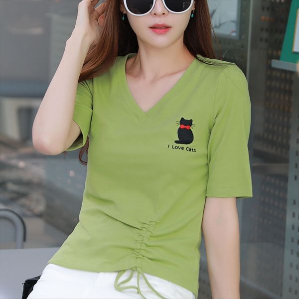 

2020 pothole half sleeve drawstring female v-neck slim embroidery t-shirt female women's t-shirt dress embroidered dress, White