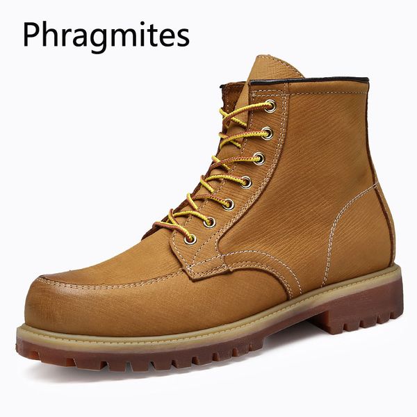 

phragmites leather brown round toe men boots autumn winter snow shoes men zapatillas hombre british style brogue boots, Black